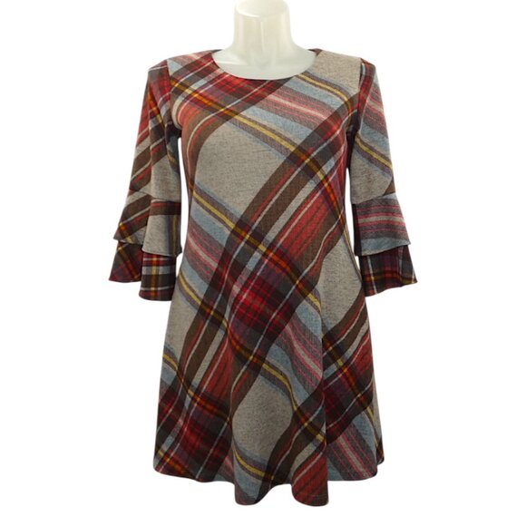 R&K Plaid Bell Sleeve Swing Dress 10 Fall Holiday Cozy Work Casual Retro - Picture 2 of 8